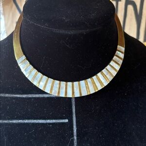 Brass Choker MOP Necklace Mother of Pearl Statement Collar 70s MCM